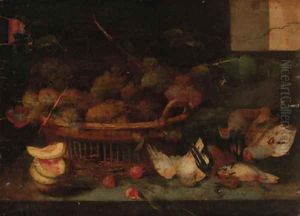 A basket of grapes, with other fruit and dead birds on a ledge by Peter Paul Binoit