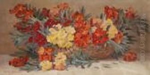 Still Life Of Spring Flowers Ina Basket Signed Bottom Left by Edith Isabel Barrow