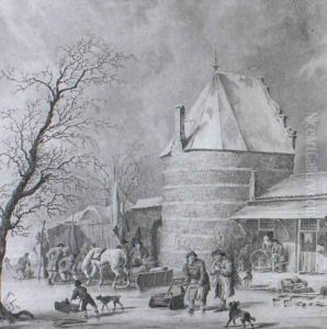 Skaters, Countryfolk and a Sledge on a frozen Moat near a Tower and Gate... by Cornelis Borsteegh