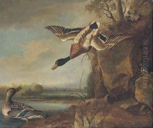 Mallard and chaffinches in a river landscape by Francis Barlow