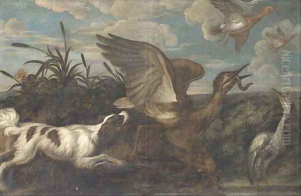 A spaniel chasing a bittern, with a heron and duck, in a landscape - view 1