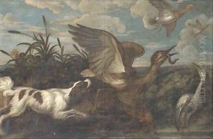 A spaniel chasing a bittern, with a heron and duck, in a landscape by Francis Barlow