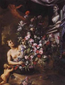 Ninfa e putti che sistemano fiori davanti a un'urna (collab. w-Nicola Vaccaro) 1675-99 by Andrea Belvedere