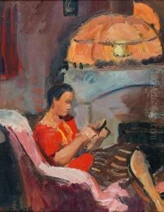 Interieur Mit Strickender Frau In Einem Sessel. by Paul Basilius Barth