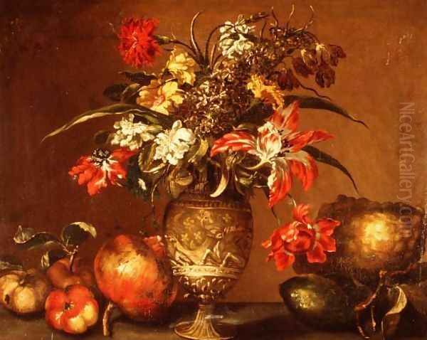 Tulips, a carnation and other flowers in a silver gilt vase with fruit on a ledge - view 1