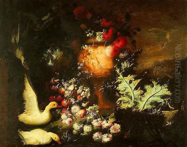 Composition with Ducks Cascade of Flowers on Water and Engraved Vase with Flowers and Thistle Leaves - view 1
