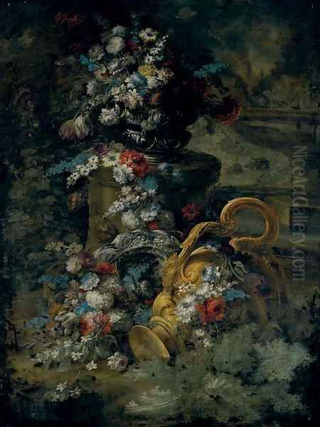 Tulips, roses, bluebells and other flowers in an urn, on a pedestal, a second urn below and a fountain beyond - view 1