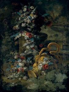 Tulips, roses, bluebells and other flowers in an urn, on a pedestal, a second urn below and a fountain beyond by Andrea Belvedere