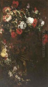 Peonies, poppies, an iris, a tulip and other flowers in a landscape by Andrea Belvedere