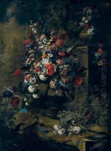 Roses, tulips, hydrangea and other flowers in an urn, a second urn on a pedestal, a landscape beyond by Andrea Belvedere