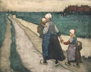 Bauerin Mit Zwei Kindern Auf Dem Heimweg by Charles William Bartlett