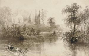 Figures On A River Bank, A Ruined Abbey Beyond (illustrated)