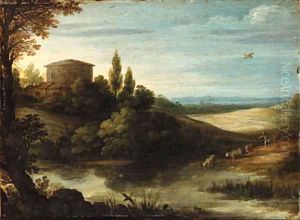 A landscape with a drover and cattle watering at a pond