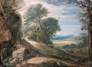 An Italianate landscape with herdsmen and cattle by a stream, buildings in the hills beyond by Paul Bril