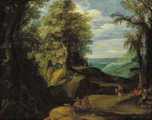 A stag hunt in a wooded lanscape