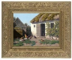 A Cockerel And Hens Feeding In A Farmyard