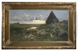 Italian Rural Landscape At Sunset With Shepherds In Front Of A Cottage by Pietro Barucci