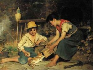 Playing with the kitten by Luigi Bechi