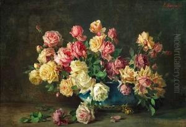 A Still Life With Pink, Yellow And White Roses In A Blue Vase - view 1