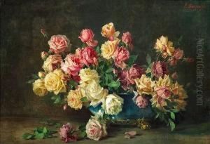 A Still Life With Pink, Yellow And White Roses In A Blue Vase by Licinio Barzanti