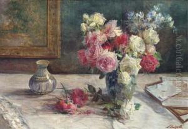 Roses, A Vase And Some Books On A Table by Licinio Barzanti
