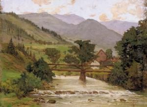 Village End With A Wooden Bridge by Arpad Basch