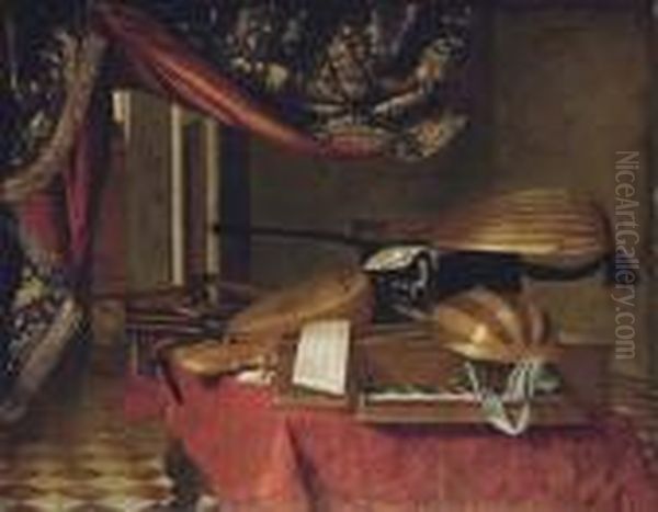A Spinet, A Mandolino, Lutes, A
Theorbo, A Violin, A Guitar, A Harp, An Ebony Casket And Musical
Manuscripts On A Draped Table In An Interior - view 1