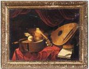 Still Life Of A Lute, A Viola, A
Viola Da Gamba, An Open Music Score And A Peach Upon A Table Draped
With A Red Cloth by Evaristo Baschenis