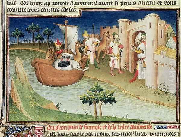 Marco Polo with elephants and camels arriving at Hormuz on the Gulf of Persia from India - view 1