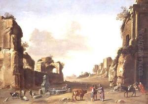 Classical Ruins with Peasants Watering their Animals by Bartholomeus Breenbergh