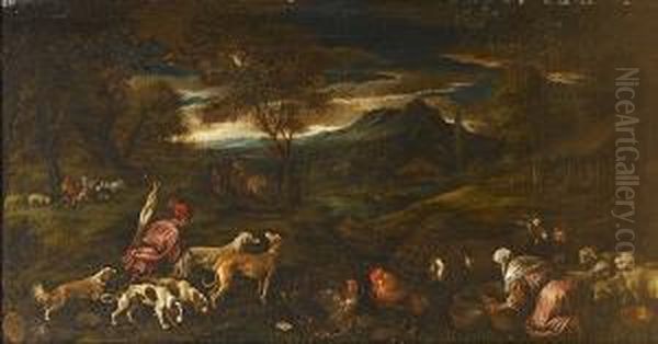 An Extensive River Landscape
With A Huntsman And His Dogs, A Washerwoman With Chickens, Sheep And
Goats Nearby - view 1