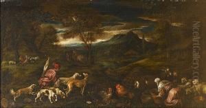 An Extensive River Landscape
With A Huntsman And His Dogs, A Washerwoman With Chickens, Sheep And
Goats Nearby by Jacopo Bassano (Jacopo da Ponte)