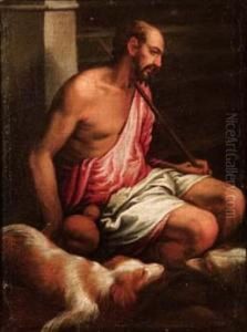 Pastore Accovacciato Con Due Cani