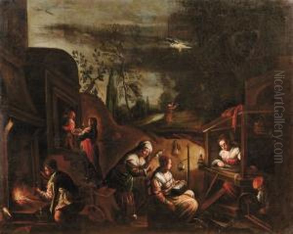 Notturno Con Donne Che Lavorano La Lana E Estasi Di S. Francesco Sullo Sfondo - view 1