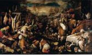 A Busy Market Scene With Meat And Vegetable Sellers, And A Beggar In The Foreground by Jacopo Bassano (Jacopo da Ponte)