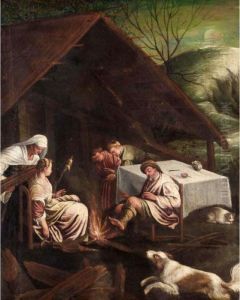 Figures Seated Beside A Fire Outside A Cottage by Jacopo Bassano (Jacopo da Ponte)