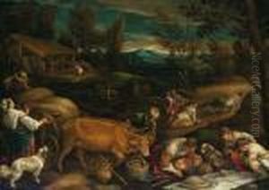 Summer: A Wooded Landscape With
Peasants Harvesting, A Meal Beinglaid Out In The Foreground by Jacopo Bassano (Jacopo da Ponte)