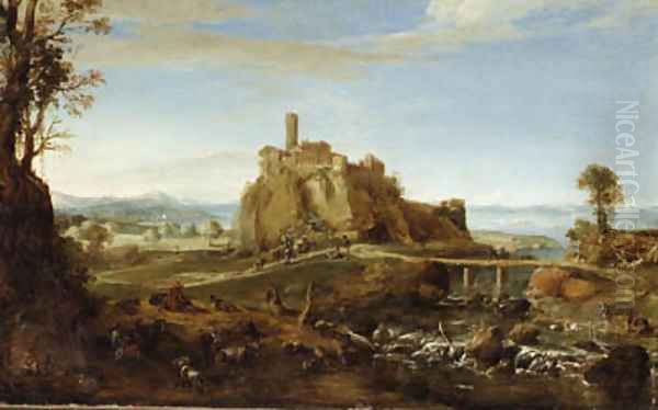 An Italianate Landscape with the town of Acquapendente, near Rome, and Shepherds and Washerwomen by the Banks of a River - view 1