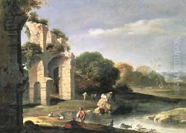 Figures in a landscape with classical ruins - view 1