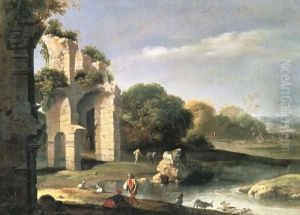 Figures in a landscape with classical ruins