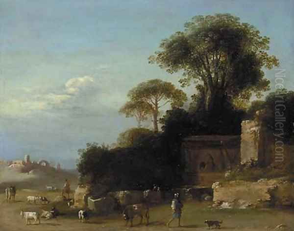 An Italianate landscape with goatherds amongst ruins - view 1