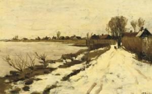 Winter: Walking Along The River Vecht On A Snow Covered Path by Nicolaas Bastert