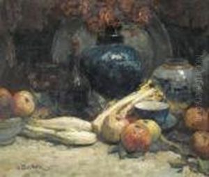 Stillleben Mit Obst, Gemuse Und Vasen. by Alfred Bastien