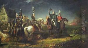 The Meeting of the Duke of Wellington and Field Marshal Blucher on the Evening of the Victory of Waterloo at La Belle Alliance by Thomas Jones Barker