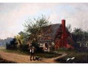 Man And Dog By A Thatched Cottage by Arthur Batt
