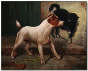 Study Of A Terrier Teasing A Cat by Arthur Batt
