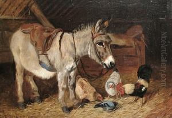 Donkeys And Chickens In A Barn, A Pair - view 1