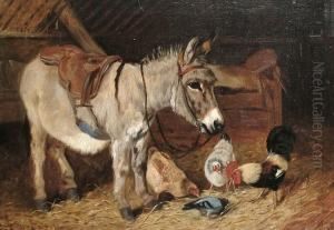 Donkeys And Chickens In A Barn, A Pair by Arthur Batt