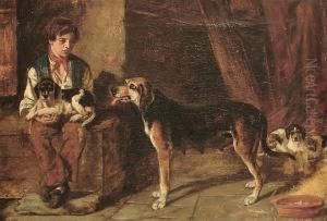 A Boy In A Barn Interior With A Hound And Her Pups by Arthur Batt