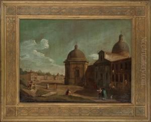 An Italian Baroque Town With Figures Conversing In A Square By A Church